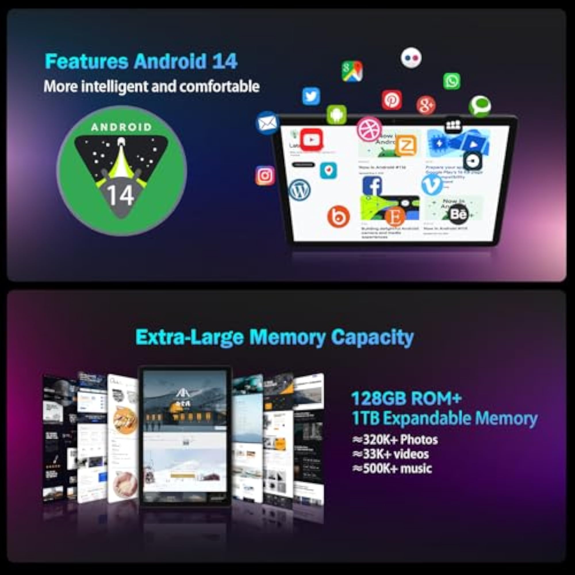 Android 14 Tablet 10 Inch 128GB Storage, 1TB Expandable
