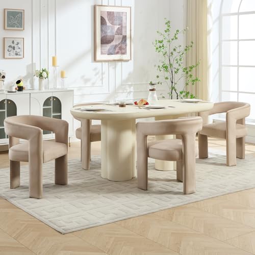 Barrel Dining Chairs Set of 4, Velvet Kitchen Chairs Comfy Side Chairs with Arms for Living Room, Dining Room, Reception, No Assembly, Khaki