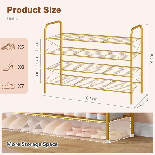 Image of Hoctieon 4 Tier Mesh Style Shoe Rack, Entryway Shoe Shelf, Shoe Storage Organizer, Shoe Rack for Closet, Space Save for Bathroom, Garage, Hallway, Bedroom, Living Room, Gold