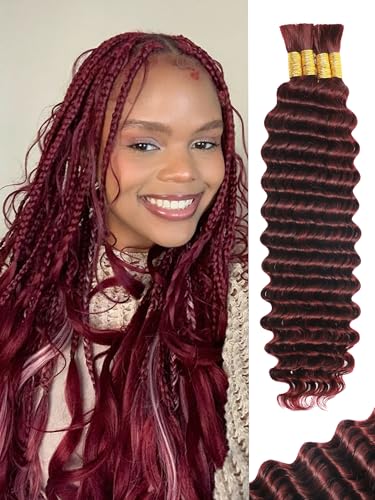 KULYMUWIG Burgundy Human Braiding Hair 16 Inch 100 g 4 Bundles Deep Wave Bulk Human Hair for Braiding 10A Curly Human Hair Extensions for Boho Braids Wet and Wavy Color 99J Red
