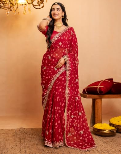 SIRIL red georgette bandhani saree – image 2