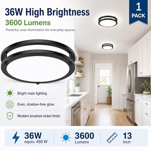 Image of 13Inch 36W Modern LED Ceiling Light Fixtures, 1-Pack Black Dimmable Flush Mount Ceiling Lights 3600lm, 2700K /3000K /4000K /5000K /6500K Adjustable Round led Lamps for Bathroom Bedroom Hallway Kitchen