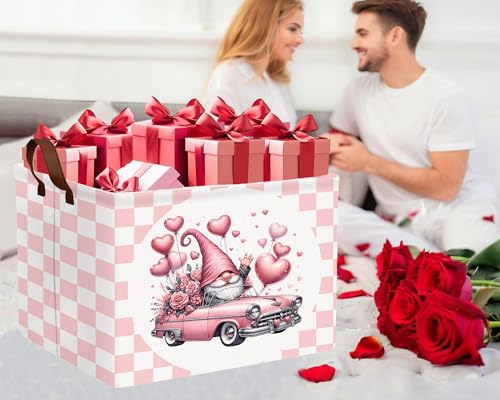 Image of Valentines Day Basket Large Foldable Heart Shaped Storage Box for Gifts Kids Empty Storage Bins Rectangular Toy Organizer Decor (Pink Gnome Car)