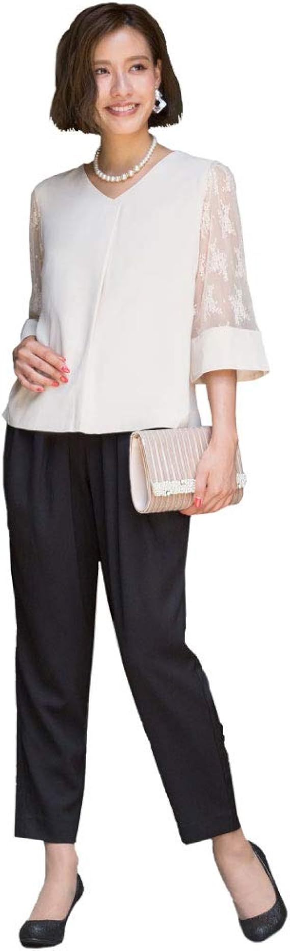 Amazon Co Jp クラリッサ レーススリーブ セットアップパンツドレス Sサイズ ベージュ ブラック 服 ファッション小物