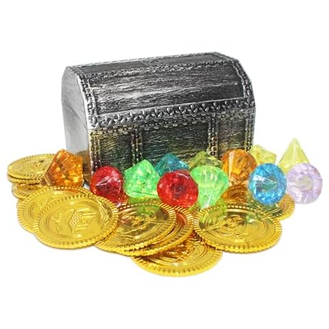 Pemalin Mini Treasure Chest Toy Set for Kids, Vintage Decorative Pirate Pretend Play or Halloween Cosplay Party, Birthday, Christmas, Include 12 pirate treasure gold coins, 12 colorful diamonds Cover
