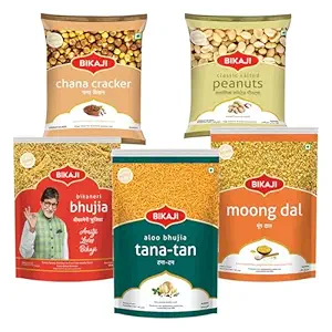 Bikaji Snacks Combo – Moong Dal & BHUJIA & TANA-TAN (Aloo Bhujia) & ROASTED CHANA CRACKER & SALTED PEANUT | 5 Pack Variety | Bar Snacks, Party Mix & Tea-Time Treats – 1000g