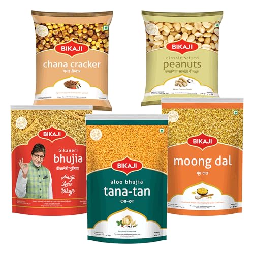 Bikaji Snacks Combo – Moong Dal & BHUJIA & TANA-TAN (Aloo Bhujia) & ROASTED CHANA CRACKER & SALTED PEANUT | 5 Pack Variety | Bar Snacks, Party Mix & Tea-Time Treats – 1000g