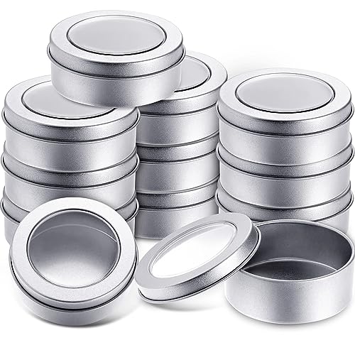 TecUnite 12 Pack 2 Ounce Metal Tin Cans Round Empty Container Salve Tins with Clear Lid for Kitchen, Office, Candles, Candies