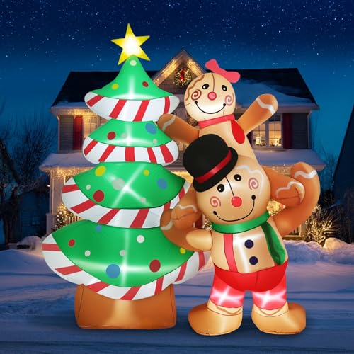 Joeyan 7FT Christmas Inflatable Outdoor Decoration Christmas Tree Inflatables Gingerbread Man Family Blow Up Yard Decorations Built-in LEDs for Indoor Outside Lawn Garden Porch Party Xmas Decor