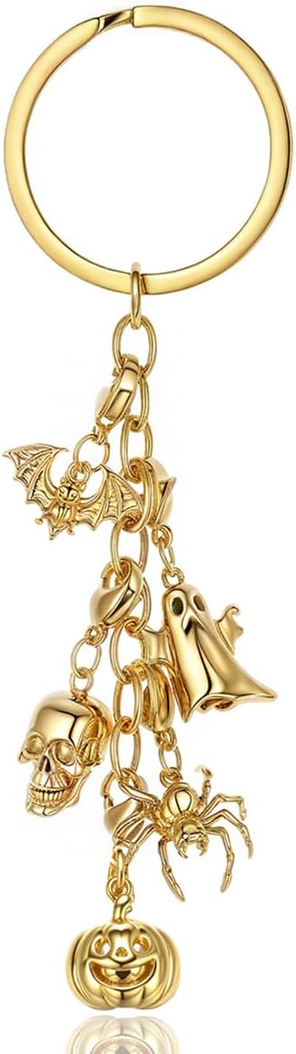 14K Gold Charm Necklace,Halloween Charms Bracelets Keychain Bat, Ghost, Pumpkin, Spider, Skull Detachable Charms, Spooky Party Accessories