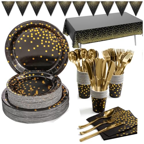 Riverhighfur Noir et Or Vaisselle de Fête 142 Pcs Vaisselle Papier Set-Assiettes en Papier,Serviettes,Tasses,Nappe,Bannière Enfants Party Fête Mariages Baby...