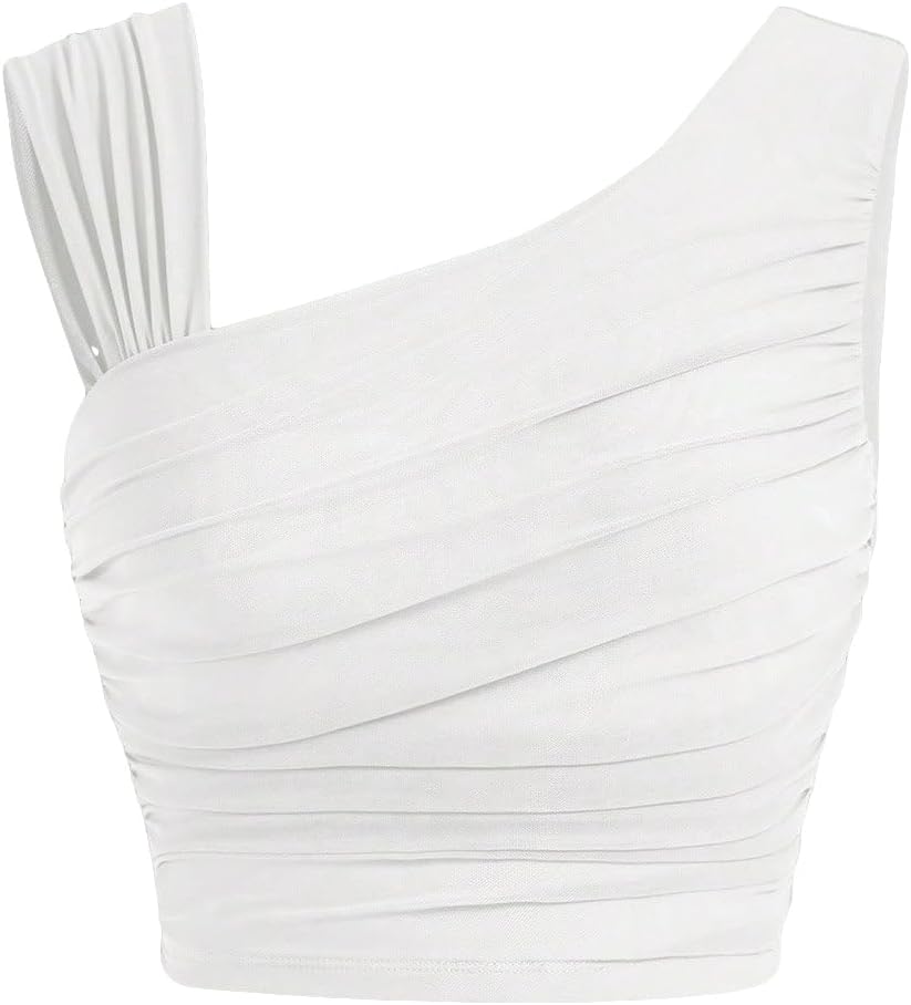SOLY HUX Women's Crop Tank Tops Ruched Asymmetrical Top Summer Casual Trendy Going Out Tops Large Pure White