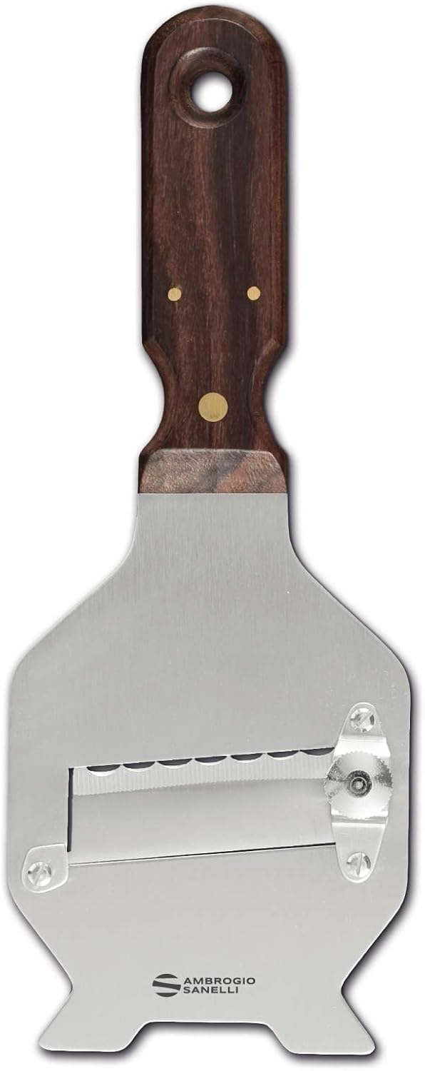 Ambrogio Sanelli - Linea Affettatartufi - Affettatartufi in Acciaio Inox. Manico in Legno Scuro, Ergonomico ed Antiscivolo. Regolatore di qualità per un taglio preciso. Lama ondulata, Acciaio Inox