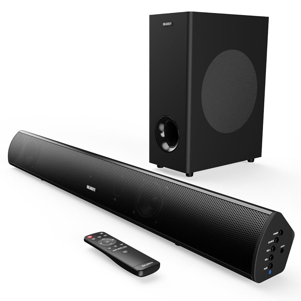MAJORITY Teton Plus TV Sound Bar with Wireless Subwoofer, 180W Home Cinema | 2.1 Channel Speaker System | Bluetooth Audio, HDMI ARC, Optical & AUX | Wall Mountable Home Theatre Speakers | Remote