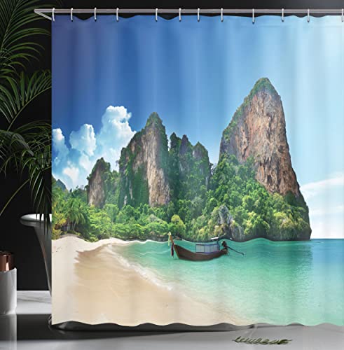 ABAKUHAUS Tropical Shower Curtain, Railay Beach Krabi Thailand Small Boat Crystal Water Rock Cliff Tropical Landscape - Image 3