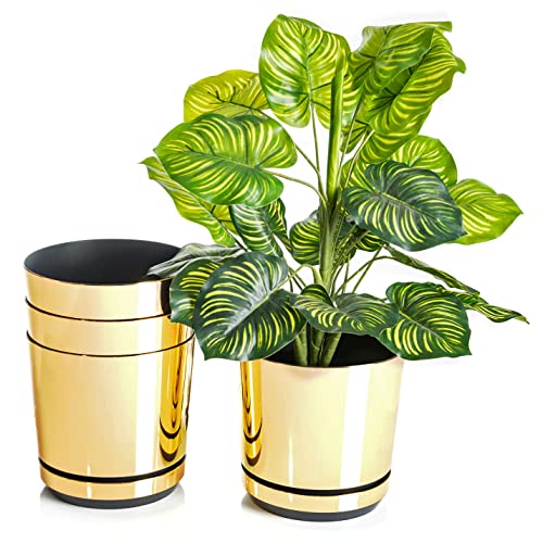 KORAD Set di 4 vasi con sottovaso di diametro 18 cm modello 011 - Oro Lucido; glamour; moderno, alta brillantezza, stile classico, rustico, loft, per piante, erbe, fiori e composizioni vegetali.