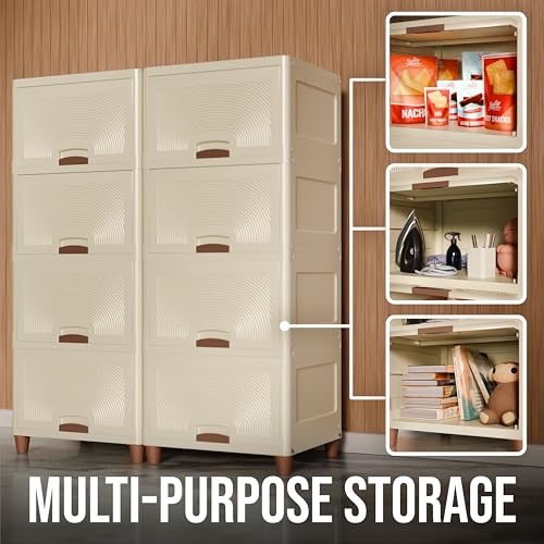 Image of Amazon Basics Multi-Purpose Large Organizer | Modular Storage Box for Clothes, Kitchen, Bedroom & Living Room | Stackable Rack, Space-Saving Wardrobe Cabinet (Off White), 8 Piece, 37.5LX44.7WX27H cm