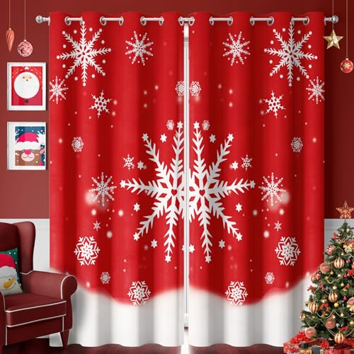 Snowflake Christmas Curtains W52 x L63 - Grommet Top Sunlight Blocking Window Treatment Drapes, Holiday Decorative X-mas Red Curtain Panels for Home Bedroom Living Room Kid Room, 2 Panels