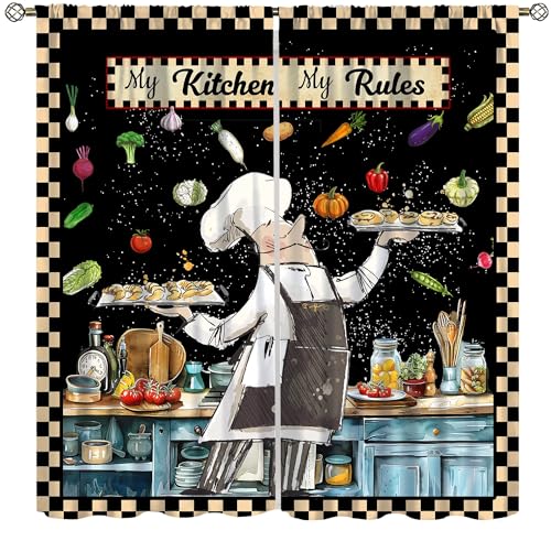Gourmet Chef Blackout Curtains for Kitchen,Vintage Rustic Plaid Cutlery Knives Cooking Vegetables Fruits Kitchen Utensils Decoration Window Drapes Print for Restaurant Living Room Bakery 42x54in