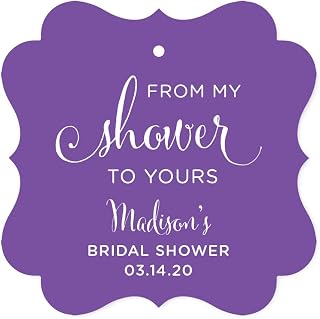 Andaz Press Personalized Baby and Bridal Wedding Shower Frame Party Favor Gift Tags, from My Shower to Yours, Royal Purple, 24-Pack, Custom Name