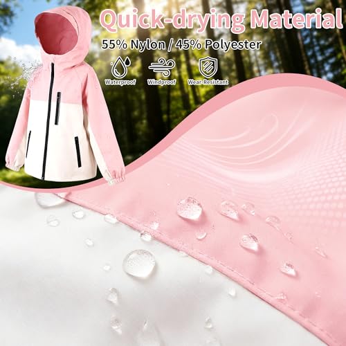 Hoseay Kinder Jacke Wasserdicht Winddicht Regenjacke mit Reflektierenden Streifen und Kapuze Leicht Windbreaker Mädchen Funktional Oberbekleidung Camping Alltag für Alter 13, Pink Weiß