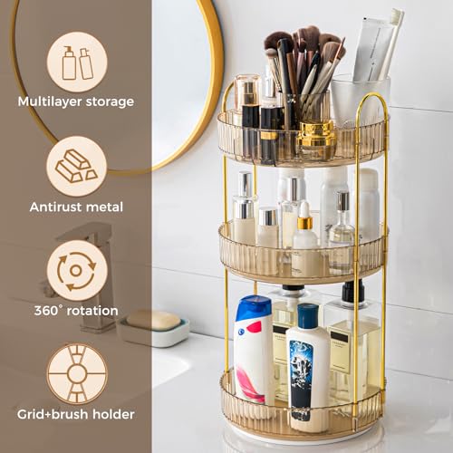 Image of 360 Rotating Makeup Organizer, Upgraded 3 Tier Skincare Perfume Organizers for Women, Bathroom Organizer Countertop, Clear Cosmetic Dresser Organizer with Makeup Brush Holder, Sink&Counter(Amber)
