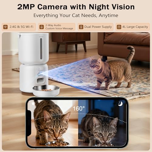 YIZFERN Automatic Cat Feeder with Camera, 4L Automatic Pet Feeder, Dual Power Supply, Smart Cat Food Dispenser with 2MP Night Vision & Two-Way Audio for Cats and Small Dogs, White