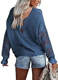 AlvaQ Womens Criss Cross V Back Tops Casual Long Sleeve Loose Fit Knit Lightweight Cute Lace Pullove