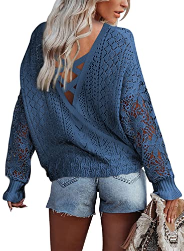 Alvaq Womens Criss Cross V Back Tops Casual Long Sleeve Loose Fit Knit Lightweight Cute Lace Pullover Sweater Plus Size Blue 1X #TOP8