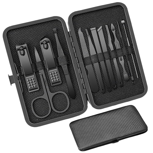 SHUOHONG Kit Manicura, 12 Piezas de Acero Inoxidable Cortauñas, Kit Uñas Cuidado Personal de Manicura de Viaje Set de Cortauñas Kit, con Estuche de Viaje Portátil de Cuero para Hombres Mujeres