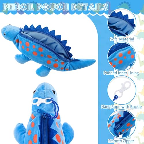 Image of 3 Pcs Blue Dinosaur Pencil Pouch for Kids 3D Plush Animal Pencil Case with 2 Fun Pencils & 1 Soft Stationery Bag Ideal Birthday Gift for Boys and Girls, Back to School Supplies