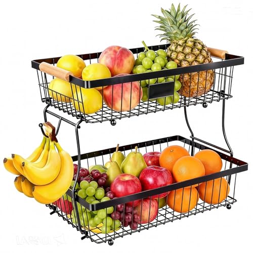 Zyiphor Frutero 2 Pisos, Fruteros de Cocina, Diseño Desmontable, Frutero para Guardar Fruta y Verdura (Negro)
