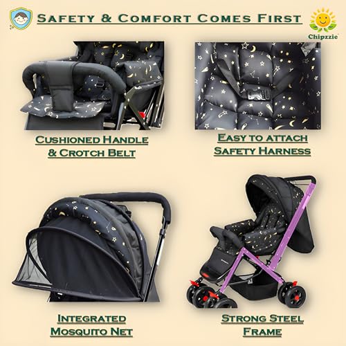 Image of Ezy Go+ Baby Stroller Pram with Mosquito Net | Reversible Handle, Full Recline & Foldable | All-Terrain 360Swivel Wheels, Safety Harness, Large Storage Basket | Thick Cushion Seats for Newborns to Toddlers 0-3 years (Black - Stars)