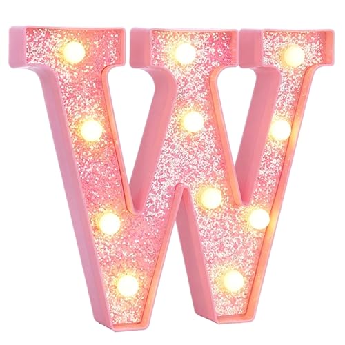 Image of Pink Marquee Light Up Letters, Glitter Alphabet LED Letter Lights for Pink Birthday Party Decorations, Battery Operated Letter Sign for Girls Room Vanity Table Decor, Warm White Lights Letter W
