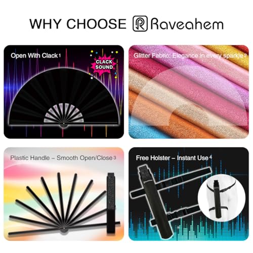 Raveahem 13" Large Folding Rave Fan with Holster, Clack Hand Fans Foldable for Line Dancing for Women Men Festival EDM Party Decoration, Glitter Black by Raveahem - Used condition - Image 2