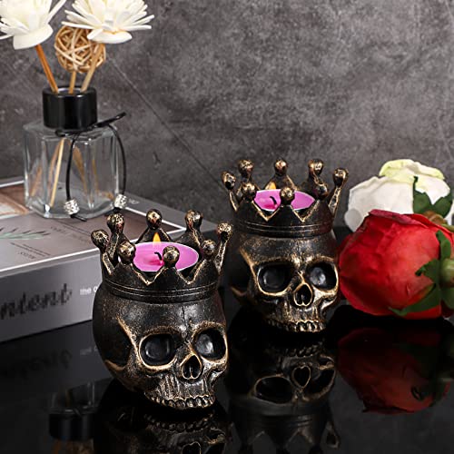 Juxyes Pack Of 2 Skull Candle Holder Skeleton Candlestick Holders, Vintage Skull Candlestick Holders Decorative Retro Tea Votive Candle Holders Stand For Party Halloween Spooky Bar Skull Decoration #TOP4