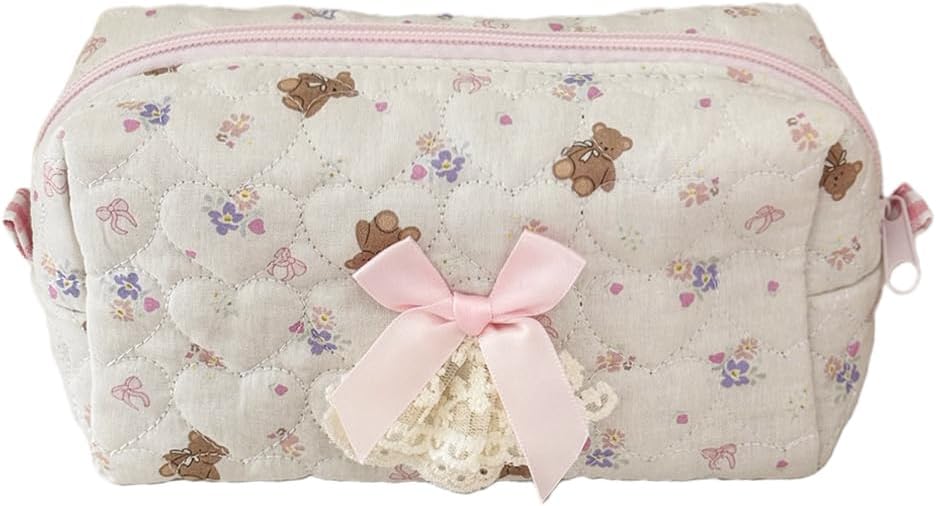 Quilted Makeup Bag Small Cosmetic Pouch Cute Bow Floral Coquette Aesthetic Travel Organizer Toiletry Bag for Women and Girls (Teddy Bear)