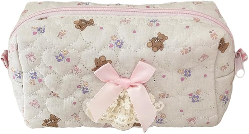 WELLRI Bolsa de maquiagem acolchoada com laço floral Teddy Bear, zíper, 18,54 cm x 10,16 cm x 7,62 cm, 1 unidade