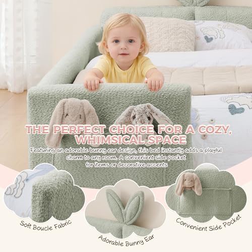 Image of Twin Size Bed Frame for Kids, Upholstered Daybed Frame Floor Bed with Safety Rails and Storage Pocket Cute Rabbit Ear Shaped Headboard for Kids Teens Boys Girls, Green