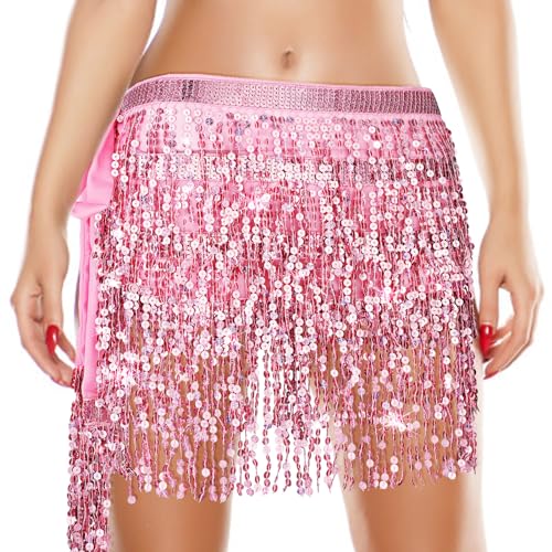 Pailettenrock für Damen Rosa Quastenrock Bauchtanz Hüfttuch Federrock Glänzender Pailletten Rock Quaste Karnevalsrock Quasten Bauchtanz Kostüm Mädchenröcke Rave Outfit Damen Belly Dancer