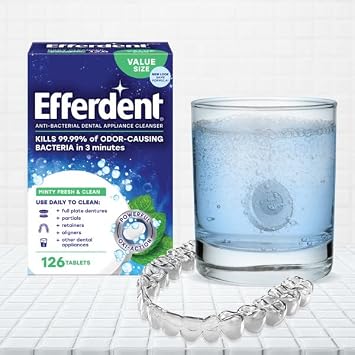 efferdent Retainer & Denture Cleaner, Minty Fresh & Clean Oxi-Action Tablets, Daily Cleanser Dissolves Stains, Removes Odors, Freshens Dental Appliances, 90 Count (Pack of 2)