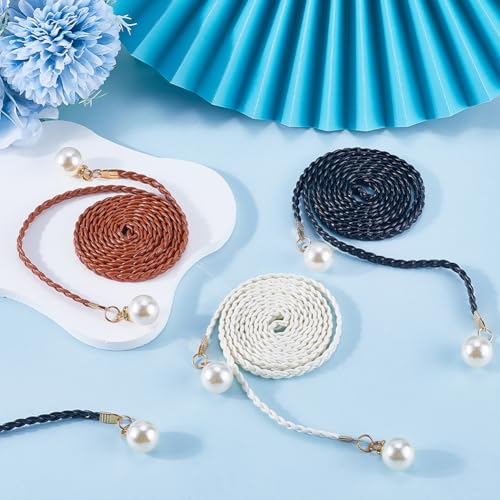 CRASPIRE 6Pcs Skinny Waist Belt for Women 54.37 Inch Black White Brown Adjustable Tie PU Leather Pearl Girdle Braided Chain Belts Thin Woven Chains Belt Rope Boho Fringe Belt for Skirt Dress4