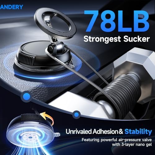 ANDERY Car Phone Holder for Magsafe [78+LBS Max Suction & 2400gf Magnetic] - 2