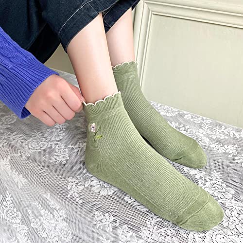 zrylibya Women's Ruffle Frilly Rib Knit Crew Socks Floral Embroidery Scalloped Pointelle Casual Ankle Socks 5 Pairs2