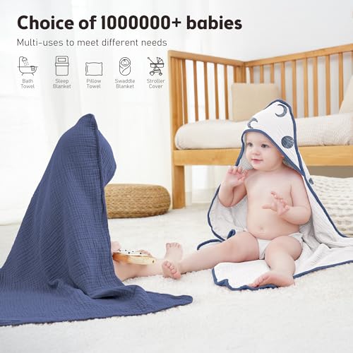 Image of Susurration Hooded Baby Towels for Newborn 2 Pack 100% Muslin Cotton Towel for Babies，Highly Absorbent and Newborn Essential 30x30 Inch Moon&Royal Blue