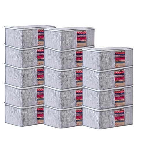Image of Non-Woven Saree Covers with Zipper and Transparent Window - Clothes Storage Bag for Wardrobe Organization (Grey, PACK OF 14)