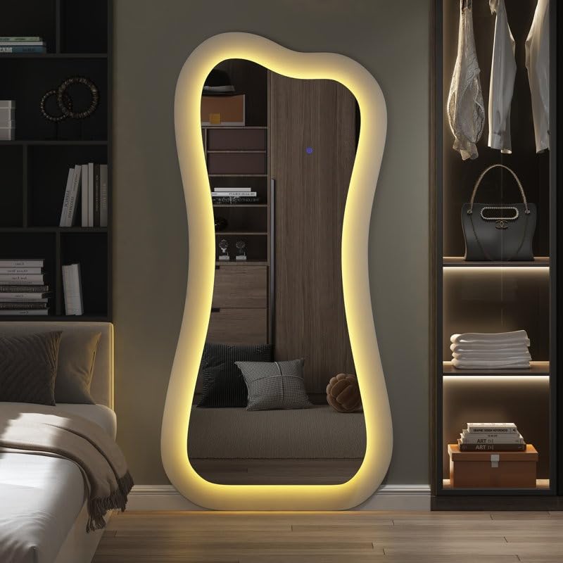 HaloEdge LED Standing Mirror | Irregular Full Length Mirror with Ambient Lighting for Bedroom & Vanity (58x28 inches)-image-27