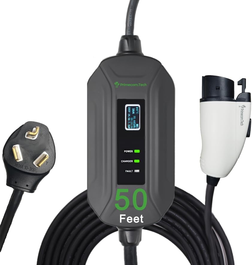 PRIMECOM Level 2 Electric Vehicle (EV) Charger (220V / 240Volt, 16Amp) Portable EVSE Smart Electric Car Charger, 30', 40', and 50 Feet Lengths (NEMA 10-30P, 50 Feet)