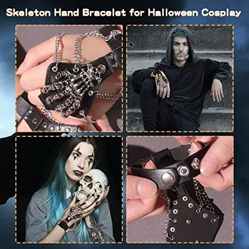 Skeleton Hand Bracelet for Halloween Cosplay Gothic Skull Leather Bracelet for Men Black Skeleton Hand Ring Cool Halloween Costume Accessories for Women(A) - Image 4