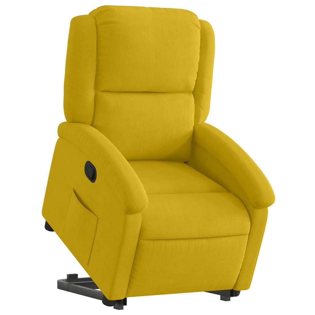 Fauteuil rehausseur inclinable jaune en velours avec moteur électrique et fonction manuelle, assise rembourrée et cadre stable pour un maximum de 110 kg, confortable avec dossier